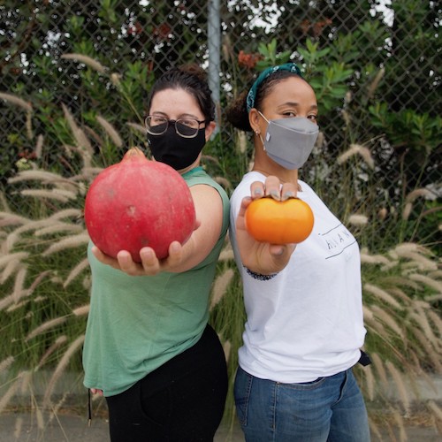 Two people holding vegetables