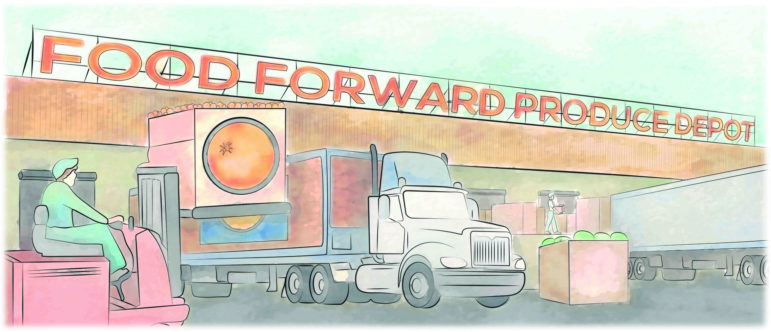 An illustration of the proposed Produce Depot depicts trucks lined up at a Warehouse loading dock while a Food Forward driver operates a forklift.