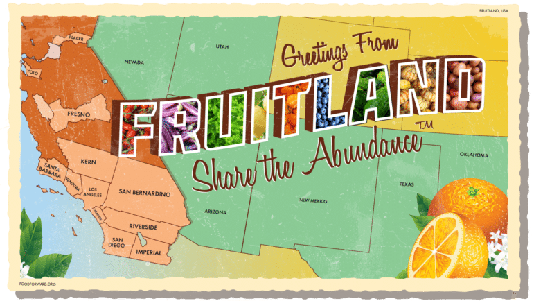 Map of the Southwest with a the text "Fruitland, Share the abundance"