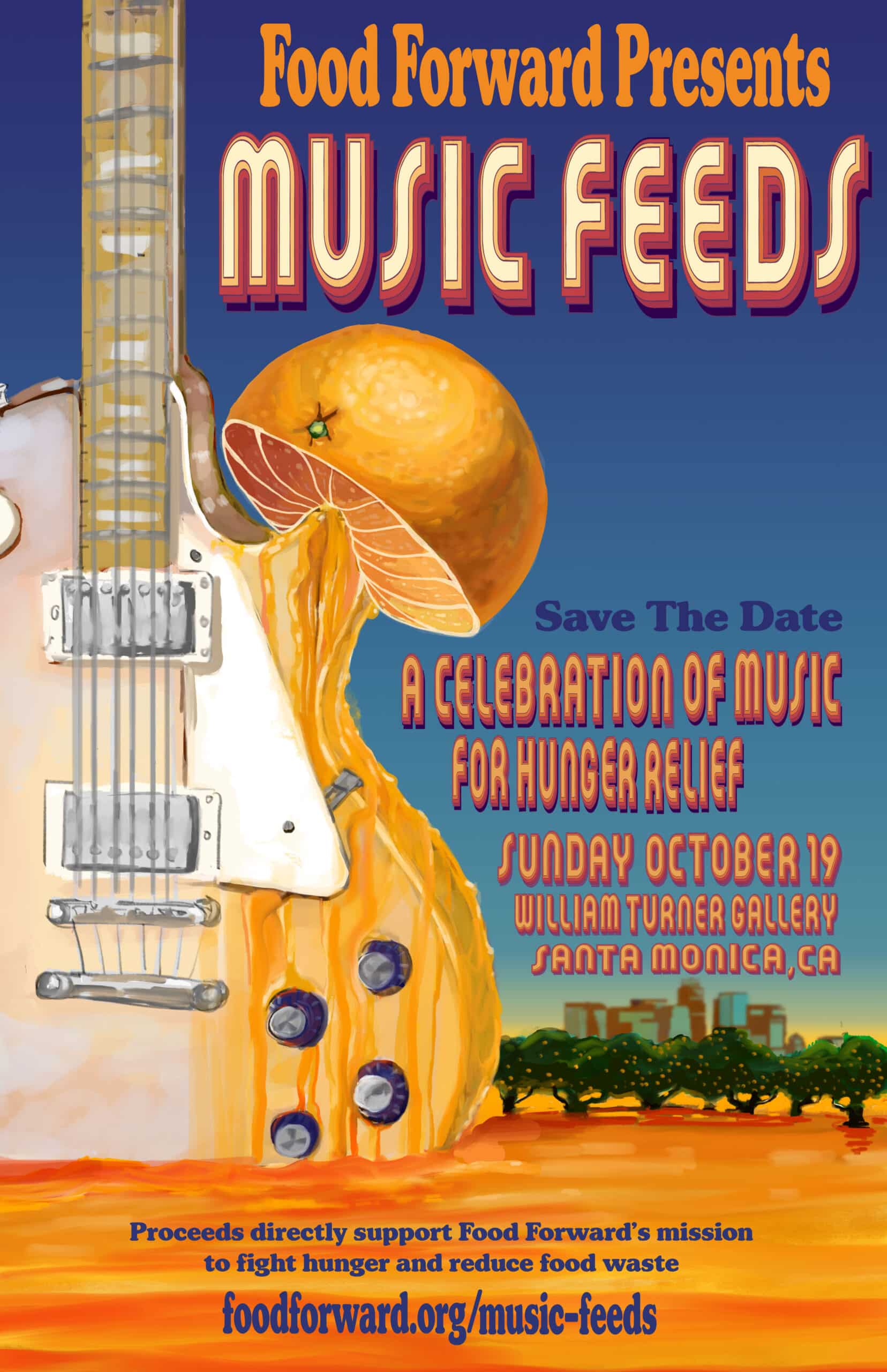 Illustration of an orange being juiced by a guitar